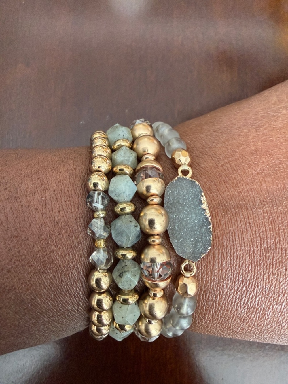 11PC Stacked Gray & Gold Beaded Bracelet and Earrings Set - Picture 8 of 9